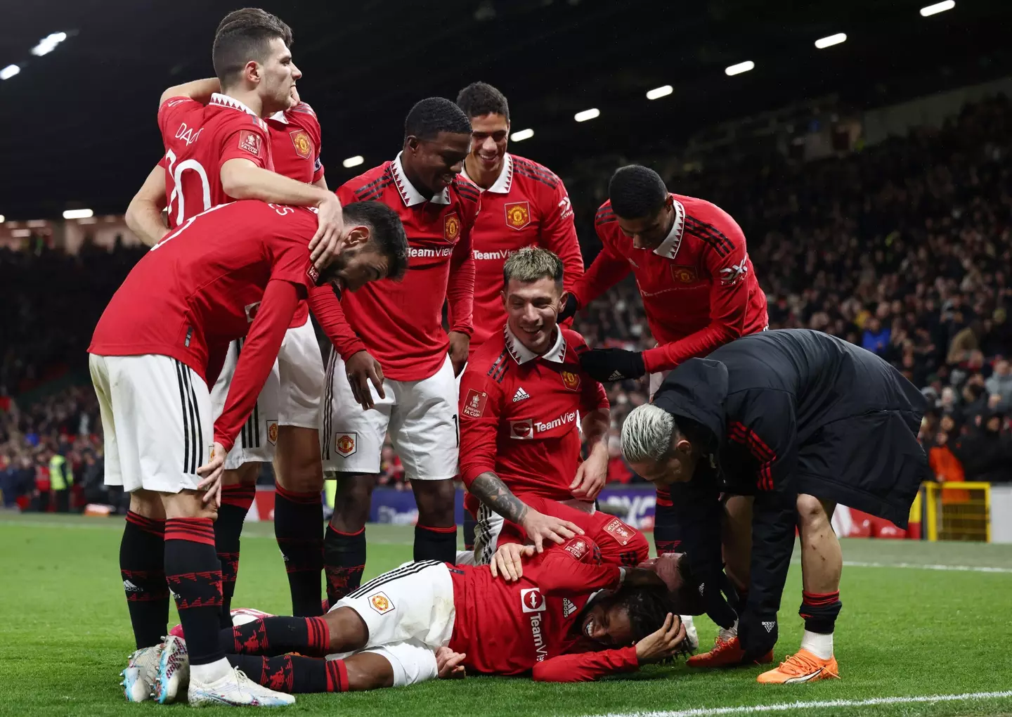Manchester United players celebrate scoring a goal against West Ham. Image: Alamy 