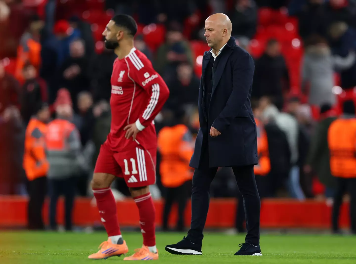 Arne Slot with Mo Salah after defeat at Anfield (Image: Getty)
