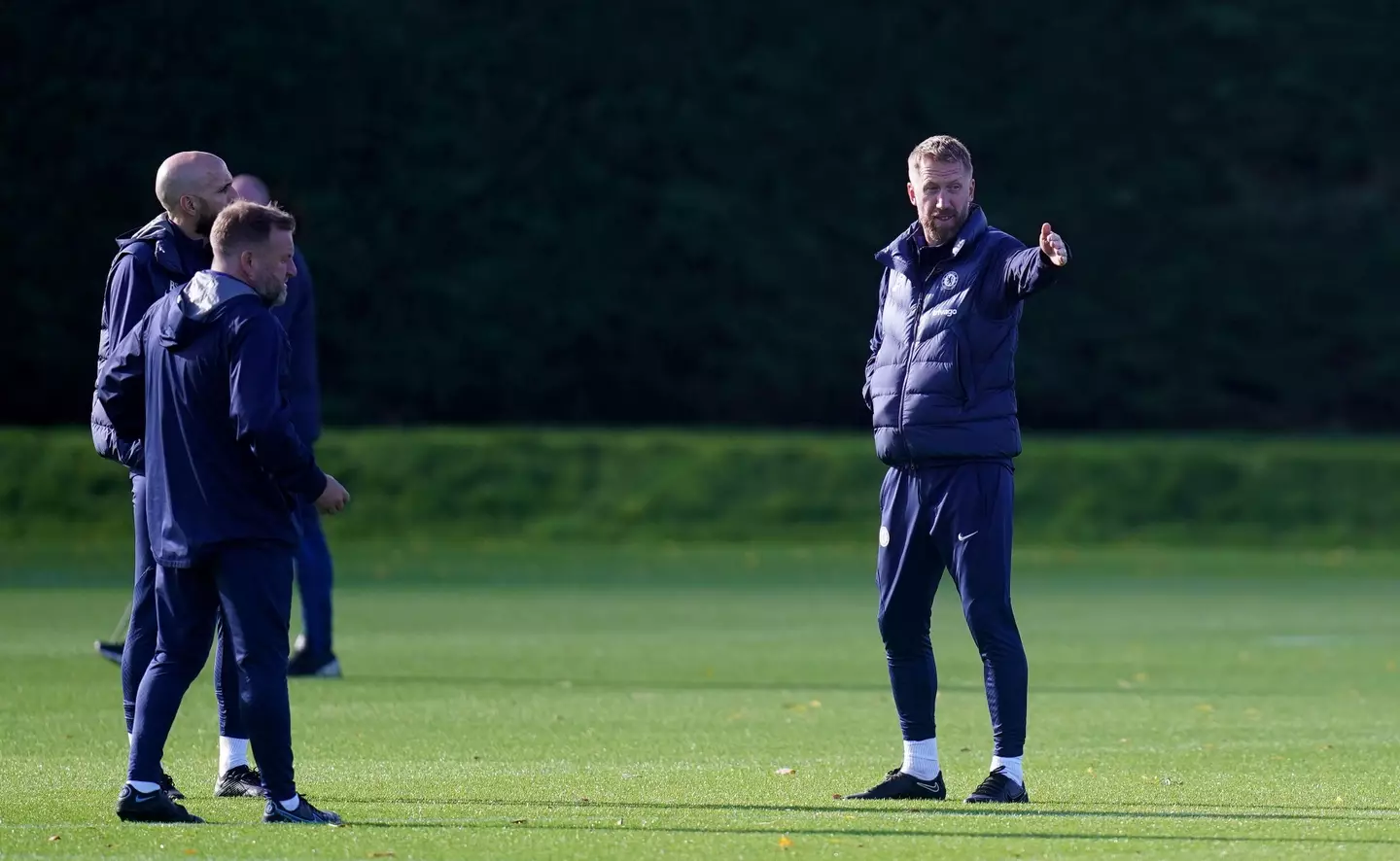 Chelsea manager Graham Potter (right) during a training session at Cobham Training Centre. (Alamy)