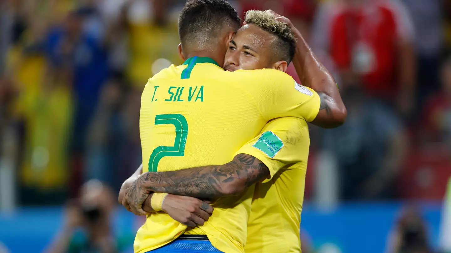 Neymar and Thiago Silva celebrate after Silva's goal at FIFA World Cup Russia 2018. (Alamy)