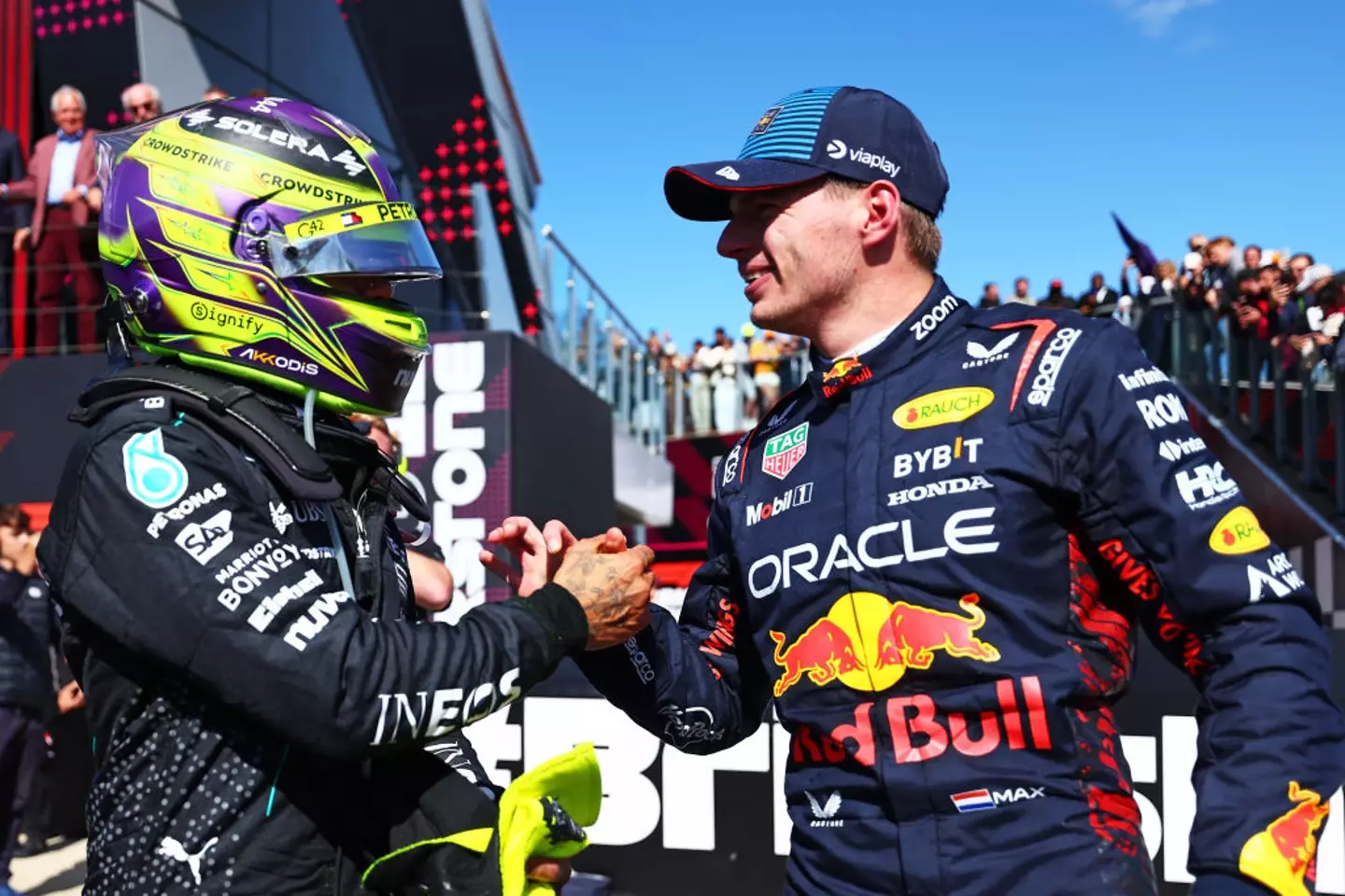 Lewis Hamilton and Max Verstappen pictured after the British Grand Prix -