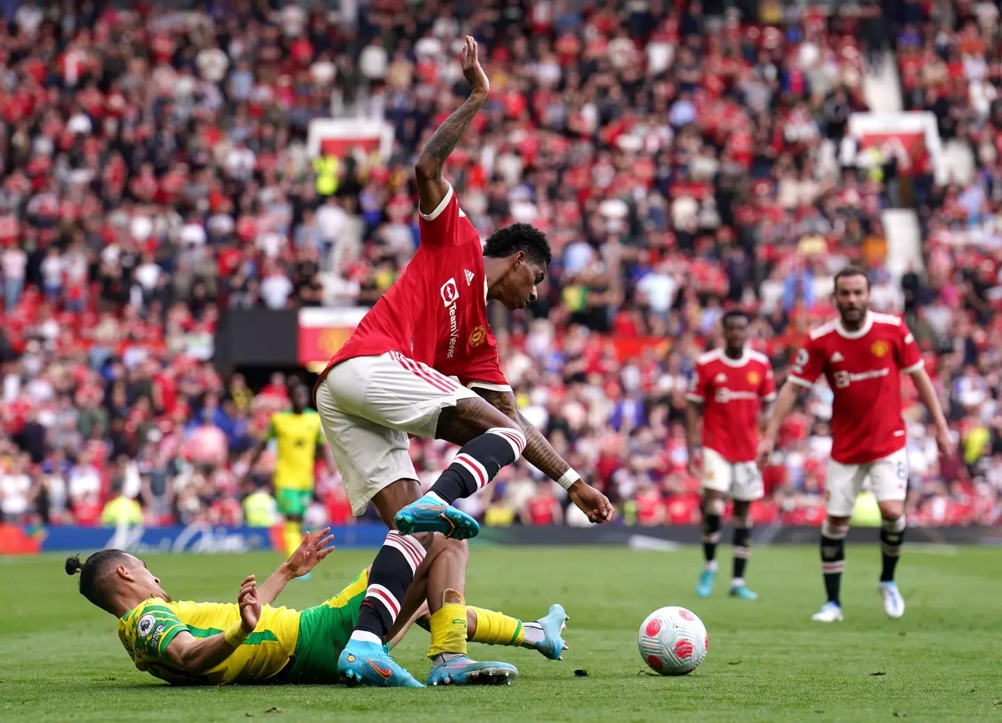 Marcus Rashford facing Norwich City at Old Trafford in the Premier League |