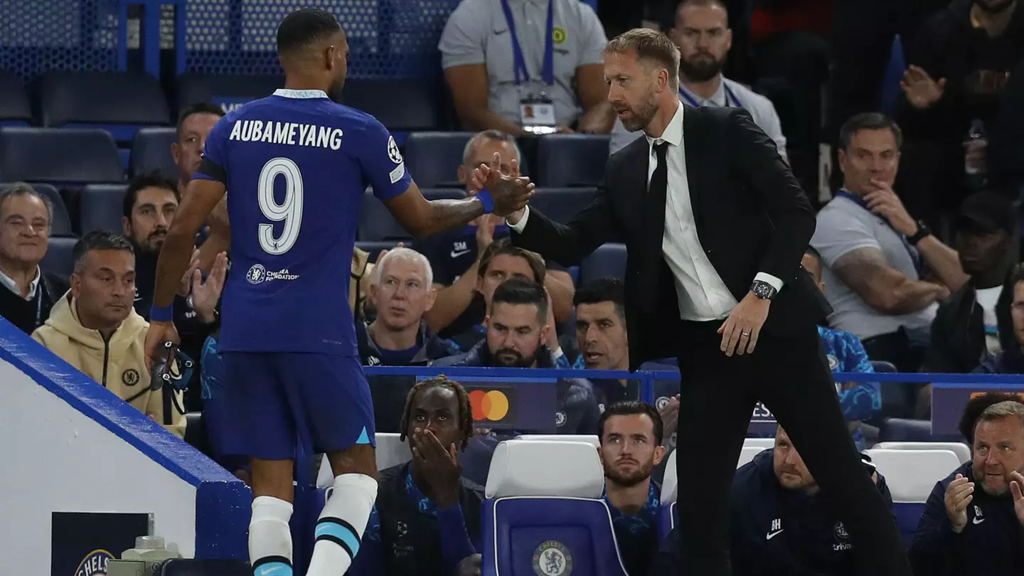 Pierre-Emerick Aubameyang of Chelsea shakes hands with Graham Potter manager of Chelsea as he is substituted during the UEFA Champions League match. (Alamy)