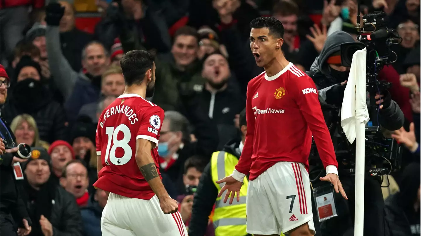 Manchester United's Cristiano Ronaldo celebrates with Bruno Fernandes. (Alamy)