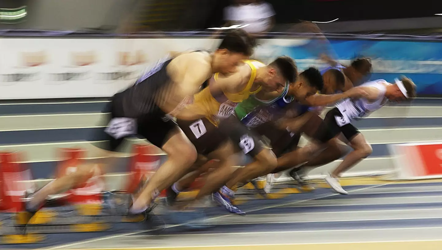 Ryan Gorman (left) leaves the starting blocks in a 60m race at the 2020 Spar British Athletics Indoor Championships (Image: Getty)