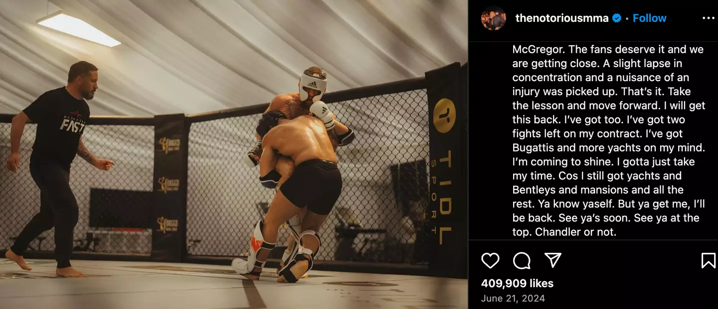 McGregor's statement on his June 2024 injury (Image: Instagram/@TheNotoriousMMA)