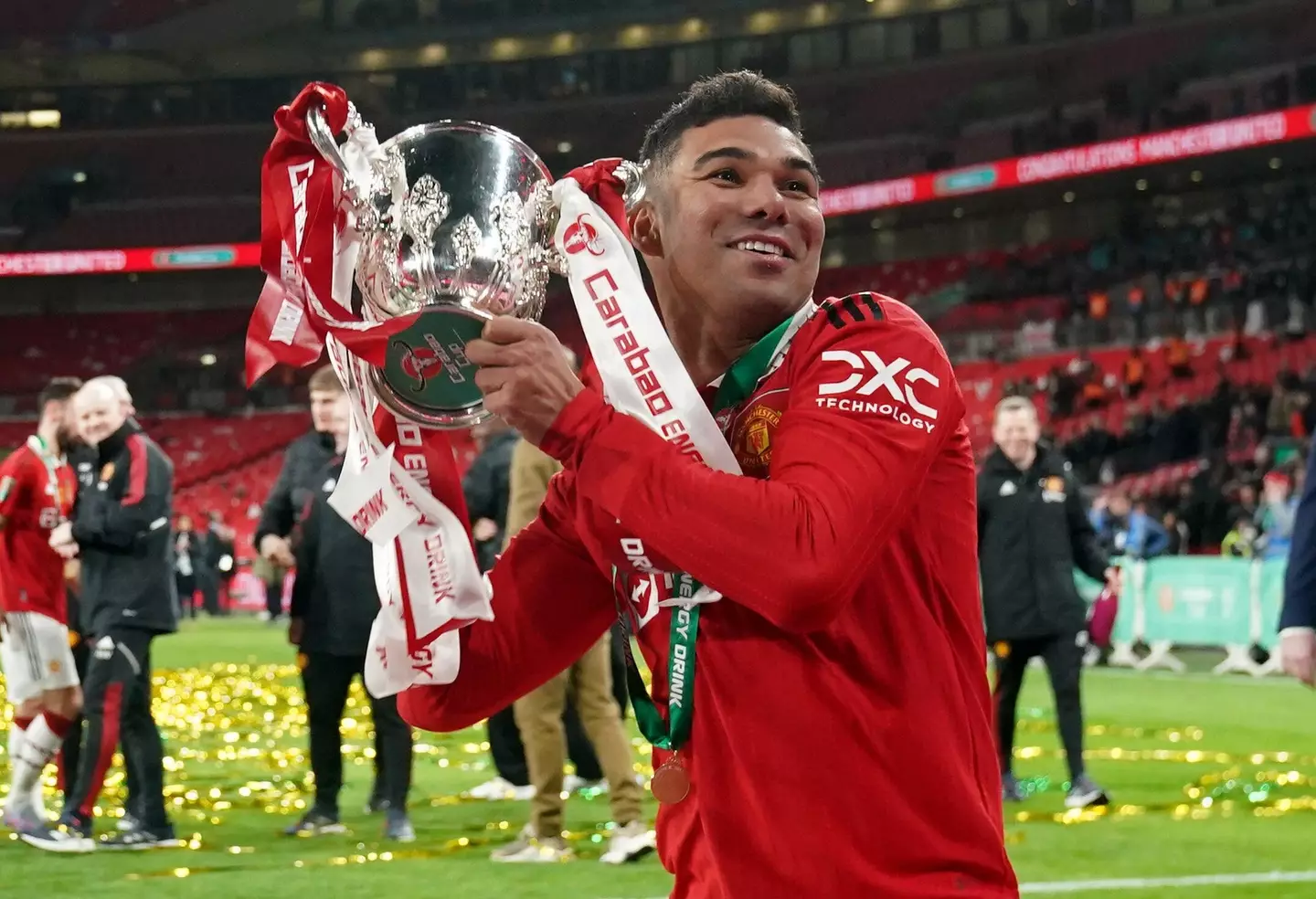 Casemiro lifts the Carabao Cup trophy. Image: Alamy