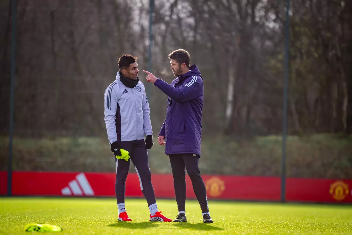 Carrick has a word with Casemiro, who will leave United at the end of the season. Image credit: Getty