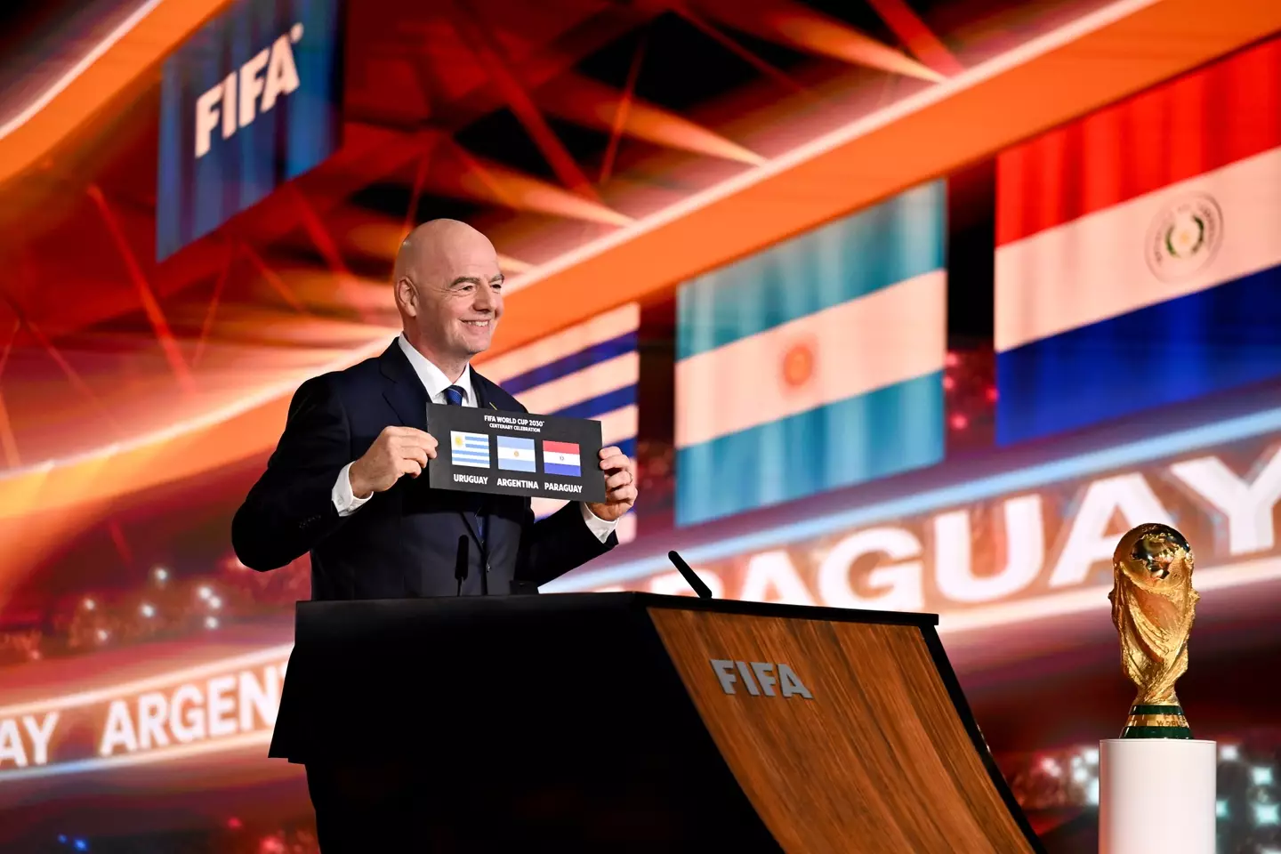 FIFA president Gianni Infantino announces Uruguay, Argentina and Paraguay as the hosts of the FIFA World Cup 2030 during the FIFA Congress 2024. Image credit: Getty