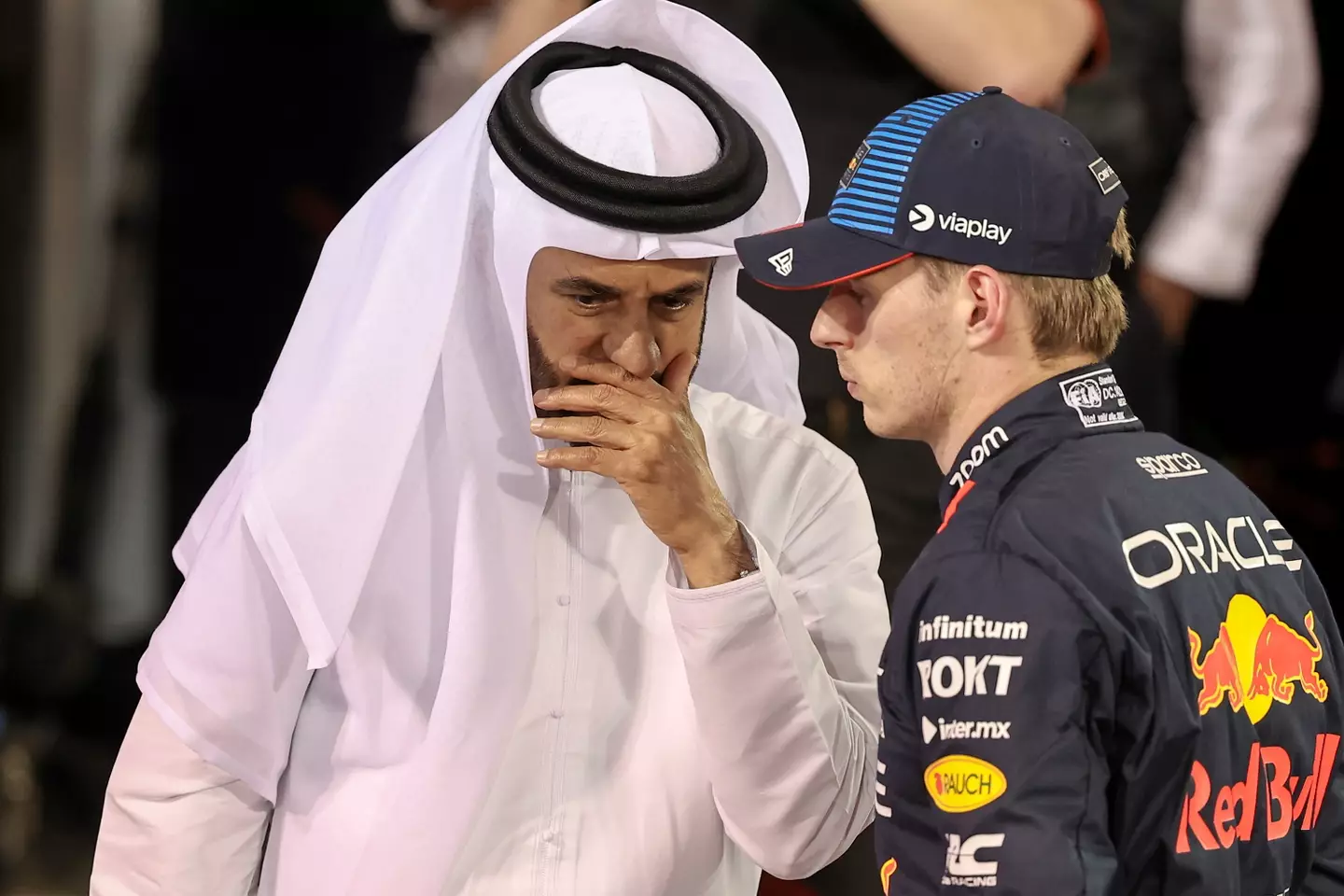 Mohammed Ben sulayem speaks to Max Verstappen during the Bahrain Grand Prix. Image: Getty