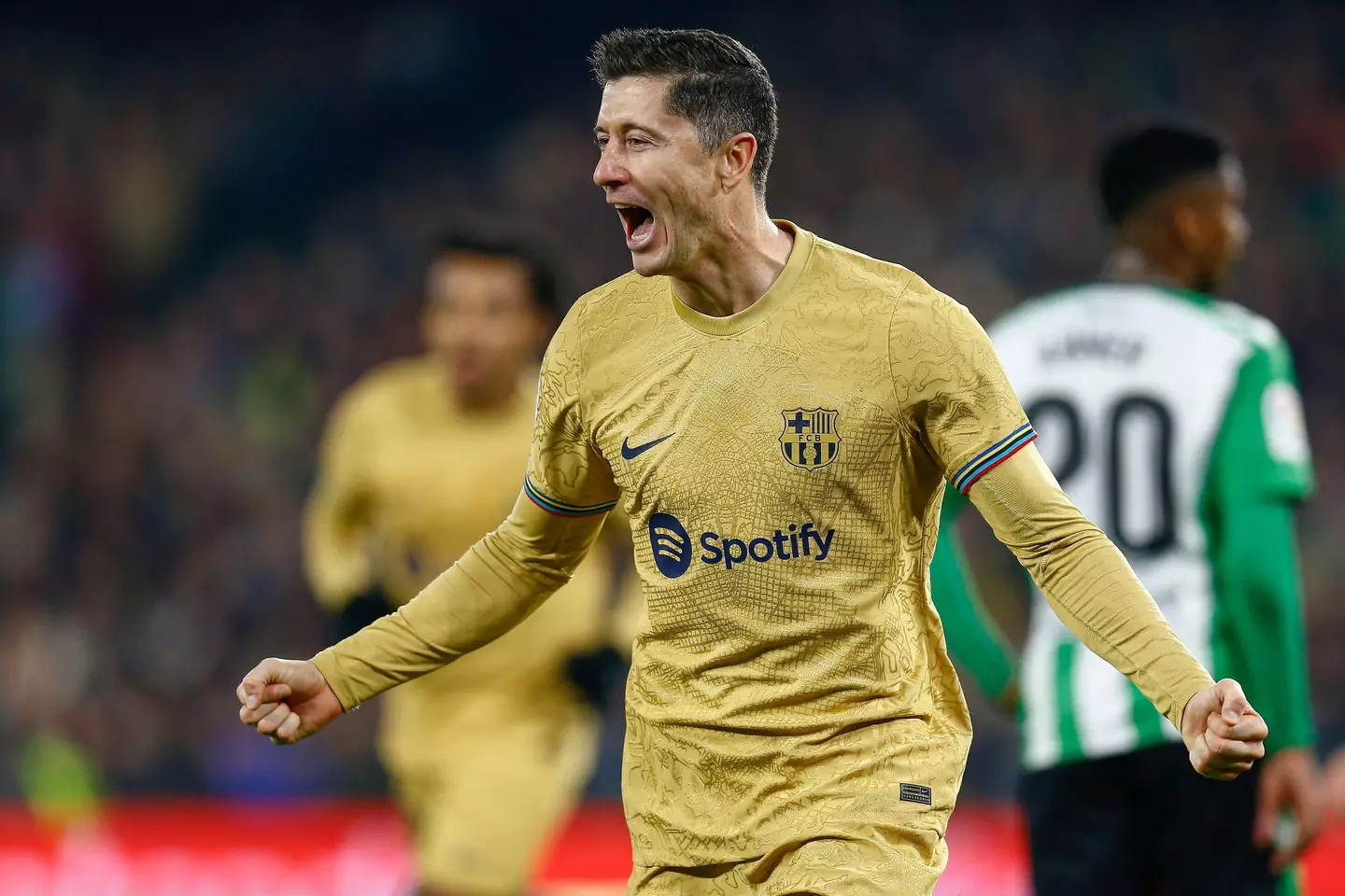 Lewandowski celebrates his most recent goal. Image: Alamy