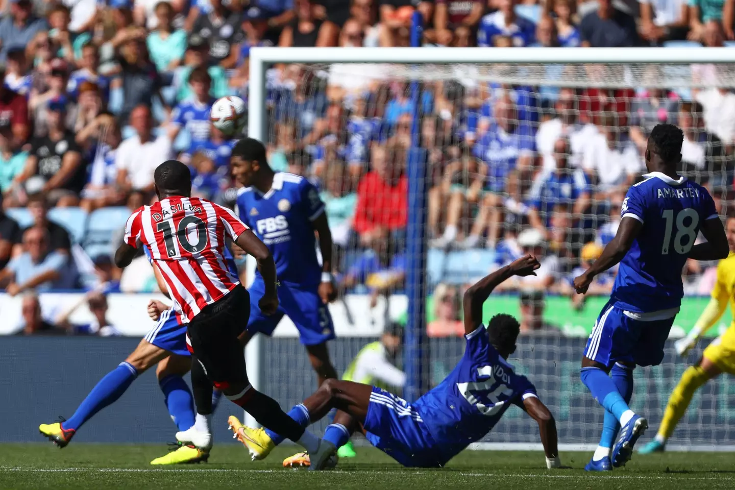 Josh Dasilva scores against Leicester City. (Alamy)