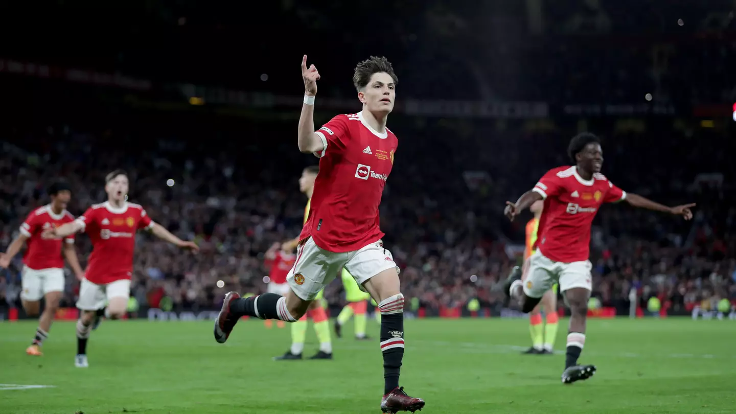 Manchester United's Alejandro Garnacho celebrates his first goal in the FA Youth Cup final by mimicking Cristiano Ronaldo's trademark 'Siuu' 