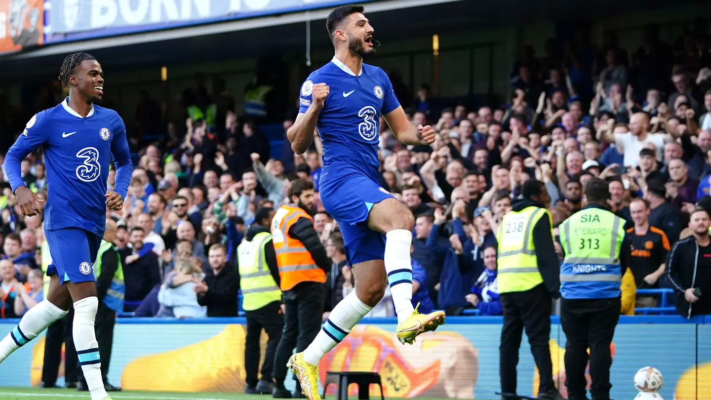 Chelsea's Armando Broja celebrates scoring their side's third goal of the game during the Premier League match at Stamford Bridge. (Alamy)