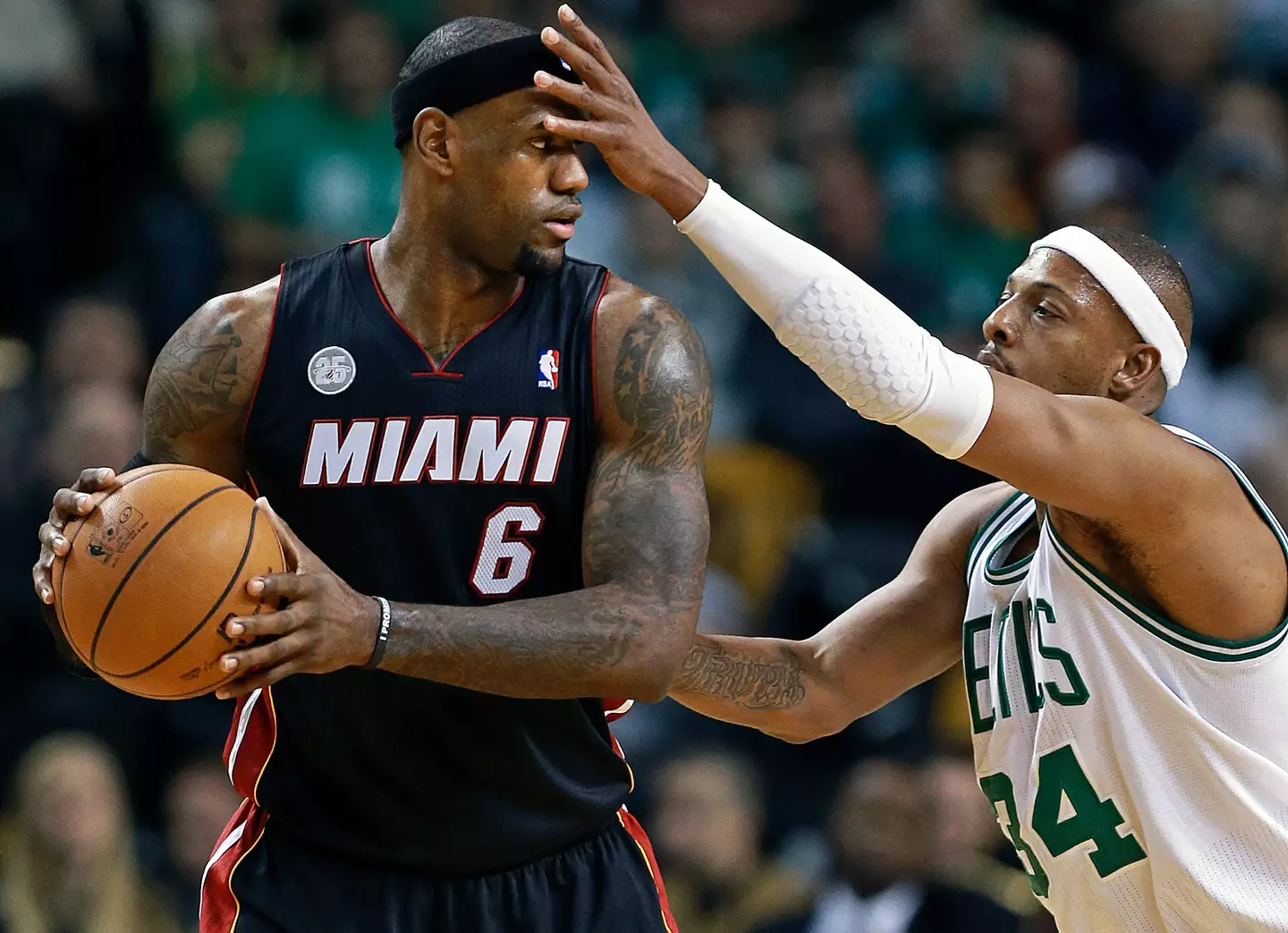 LeBron James of the Miami Heat guarded by Paul Pierce of the Boston Celtics (Getty Images)