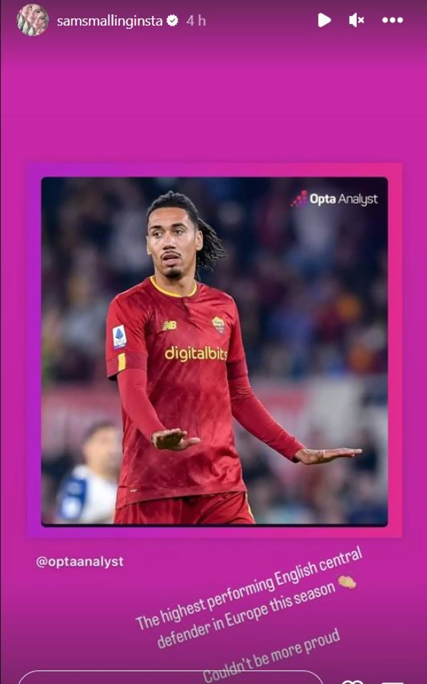 Chris Smalling's wife jumps to the defence of the AS Roma defender. Image: Instagram