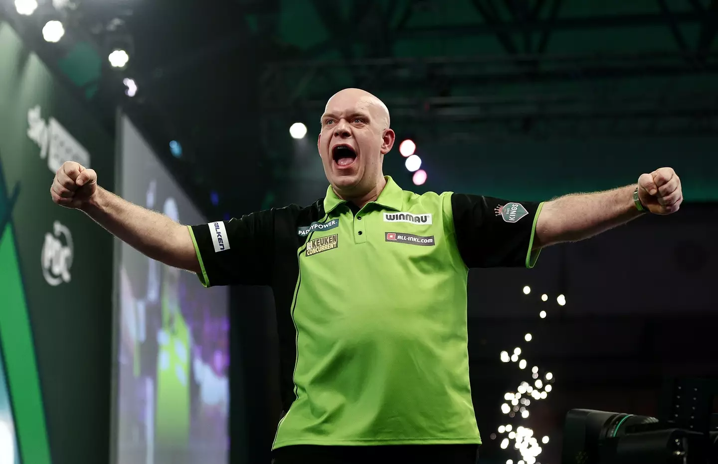 Michael van Gerwen celebrates his victory over Callan Rydz. Image: Getty