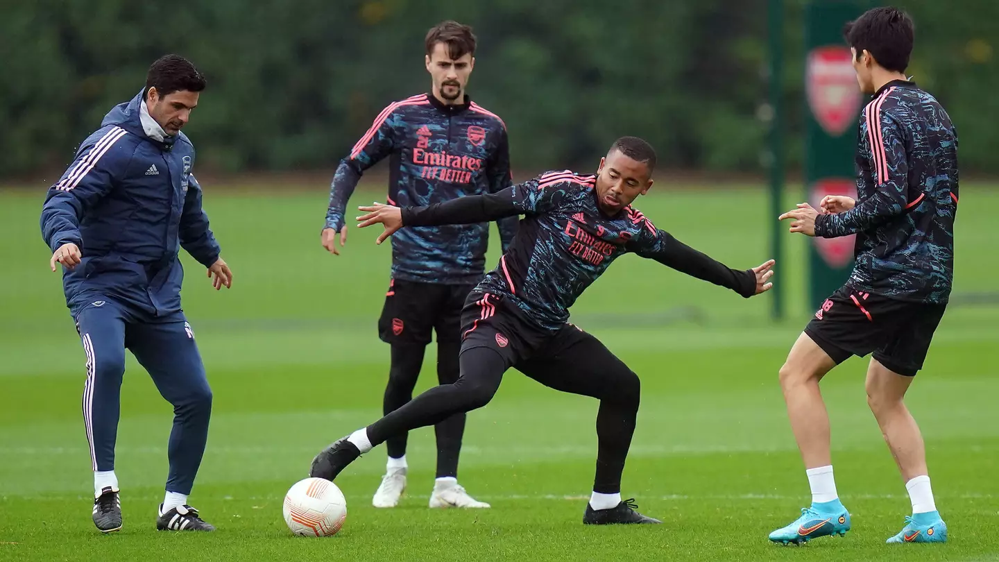 Arsenal manager Mikel Arteta and Gabriel Jesus during a training session at London Colney. (Alamy)