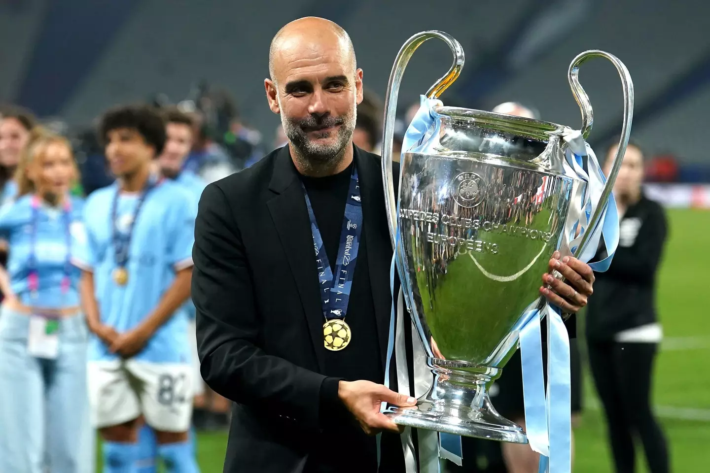 Pep Guardiola celebrates winning the Champions League. Image: Alamy