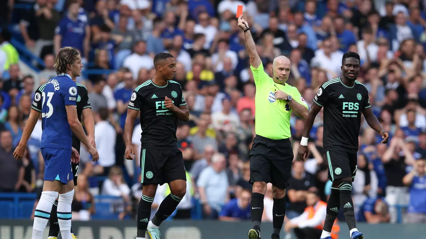 Conor Gallagher receiving a red card against Leicester City in the Premier League. (Alamy)