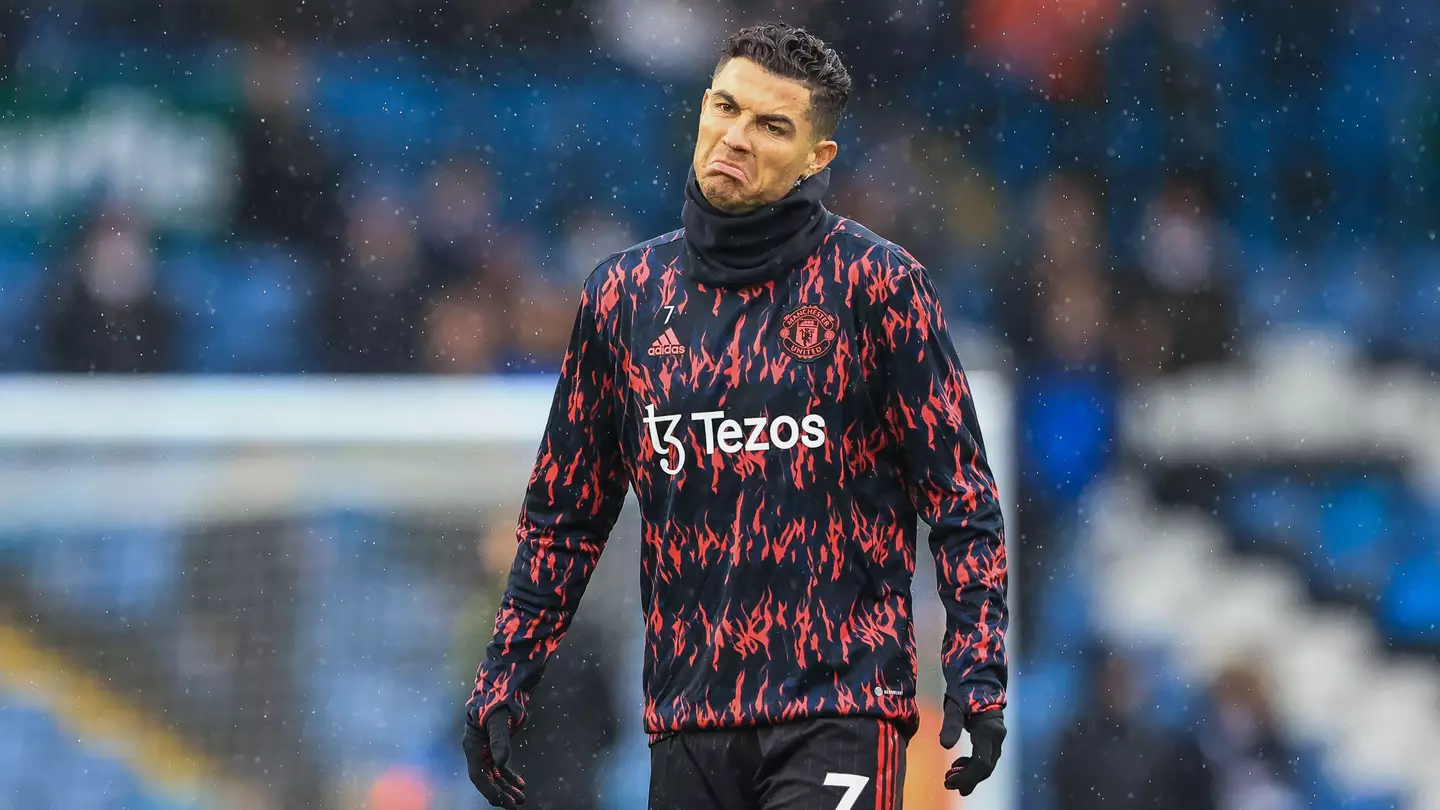 Cristiano Ronaldo #7 of Manchester United shrugs his shoulders during the pre-game warmup. (Alamy)