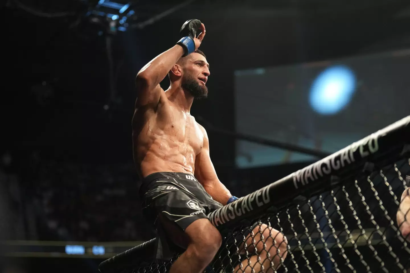 Khamzat Chimaev celebrates after beating Gilbert Burns. Image: Alamy
