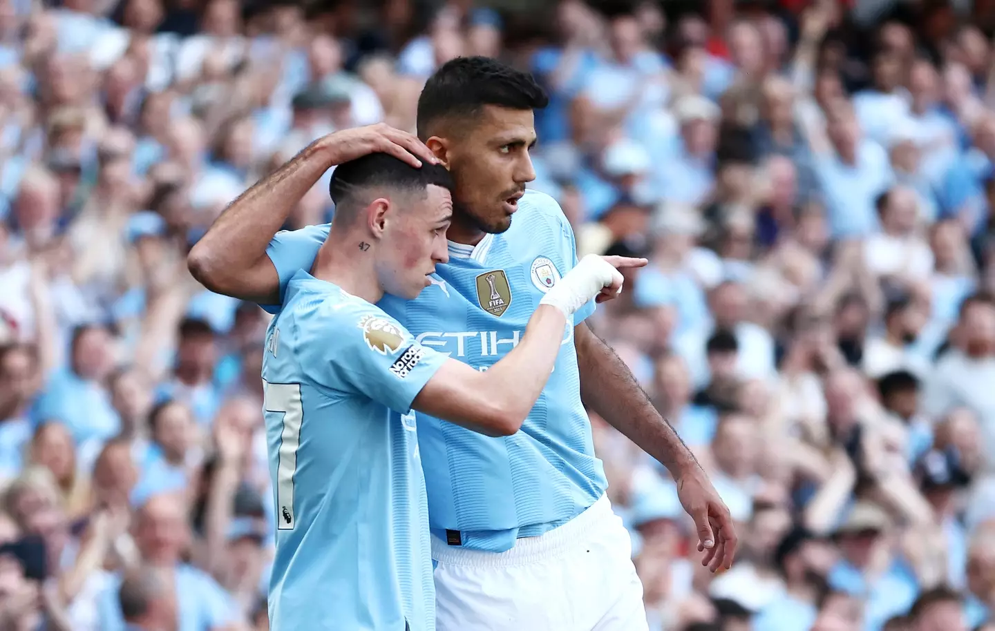 Rodri and Phil Foden celebrate after a Manchester City goal. Image: Getty