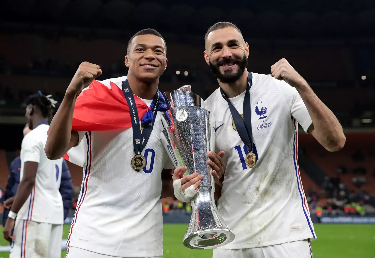 Benzema lifting the Nations League trophy with his teammate Kylian Mbappe. Image: PA Images