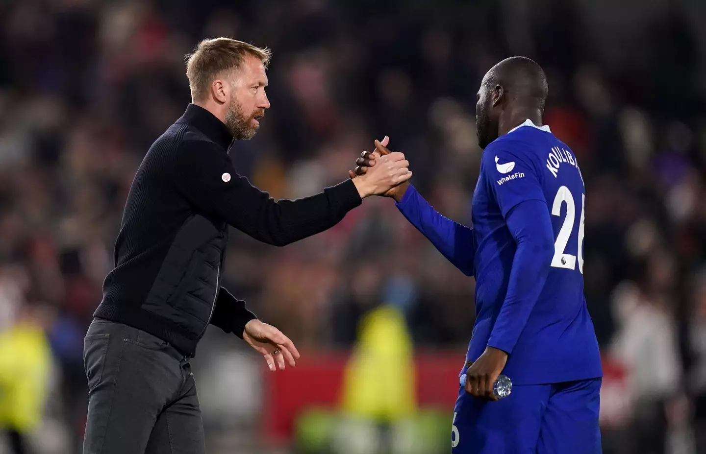 Chelsea manager Graham Potter with Kalidou Koulibaly after the Premier League match. (Alamy)