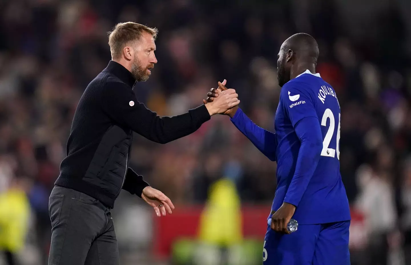 Chelsea manager Graham Potter with Kalidou Koulibaly. Image credit: Alamy