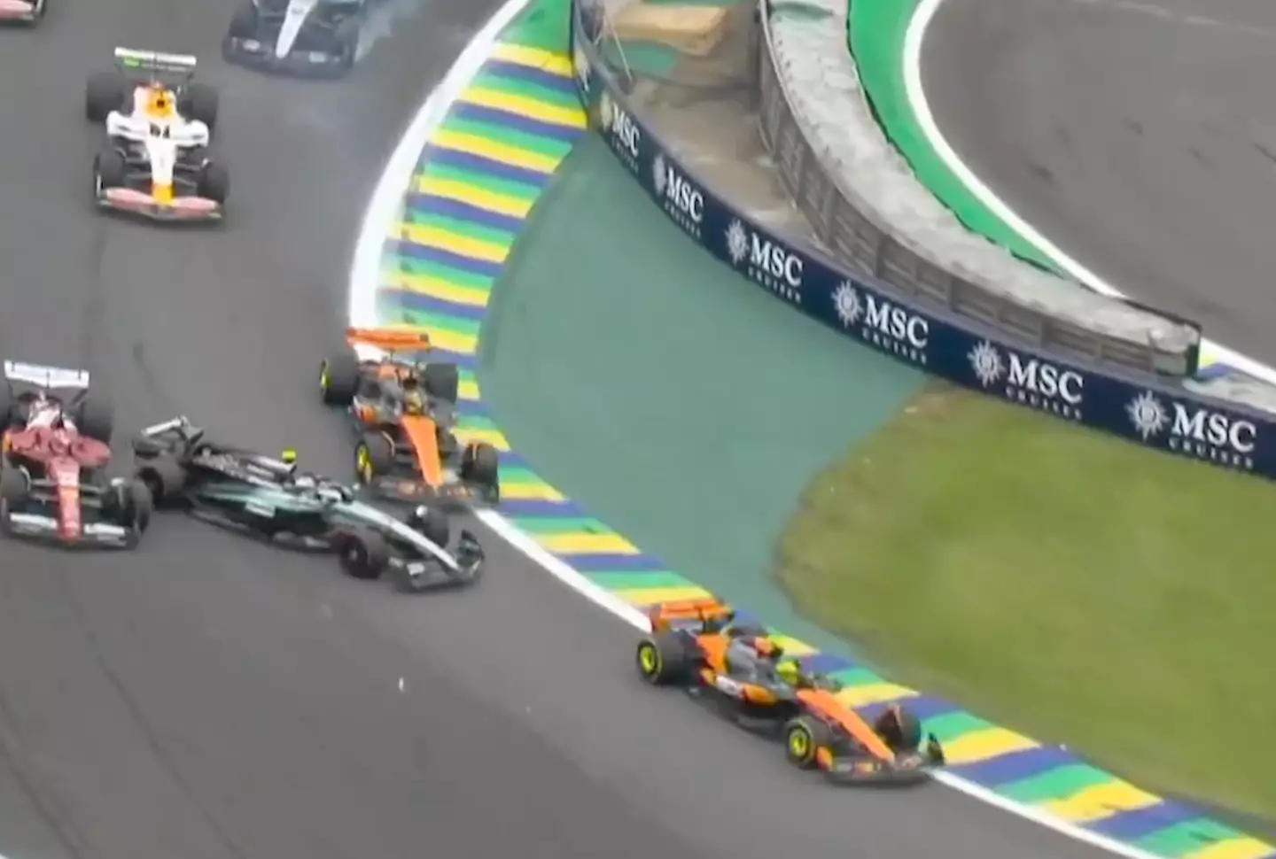 Piastri, Antonelli and Leclerc collided at turn one (Image: F1/Sky Sports)