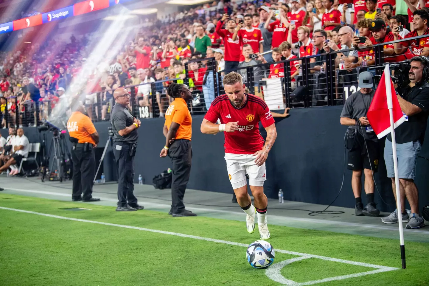 Luke Shaw in pre-season action. Image: Getty