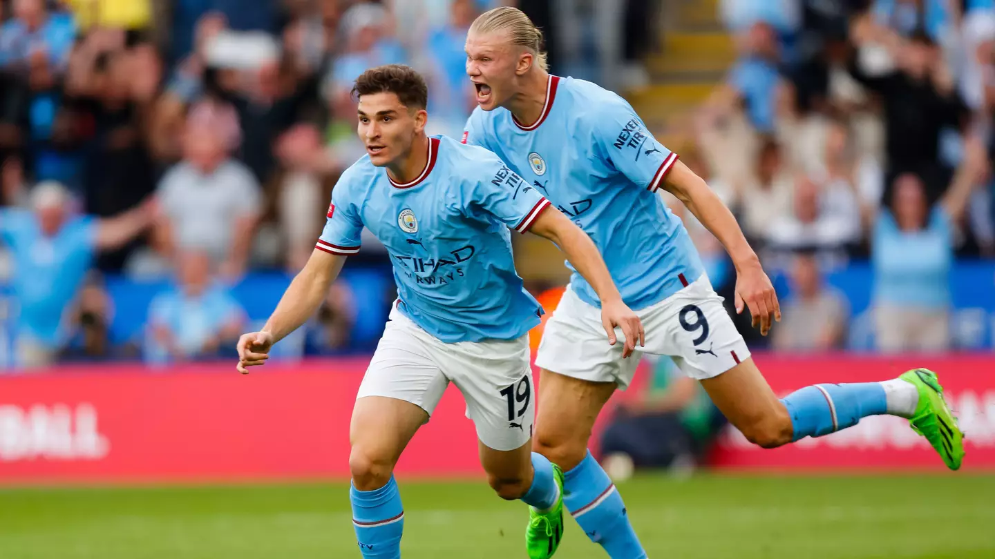 Erling Haaland and Julian Alvarez of Manchester City celebrate
