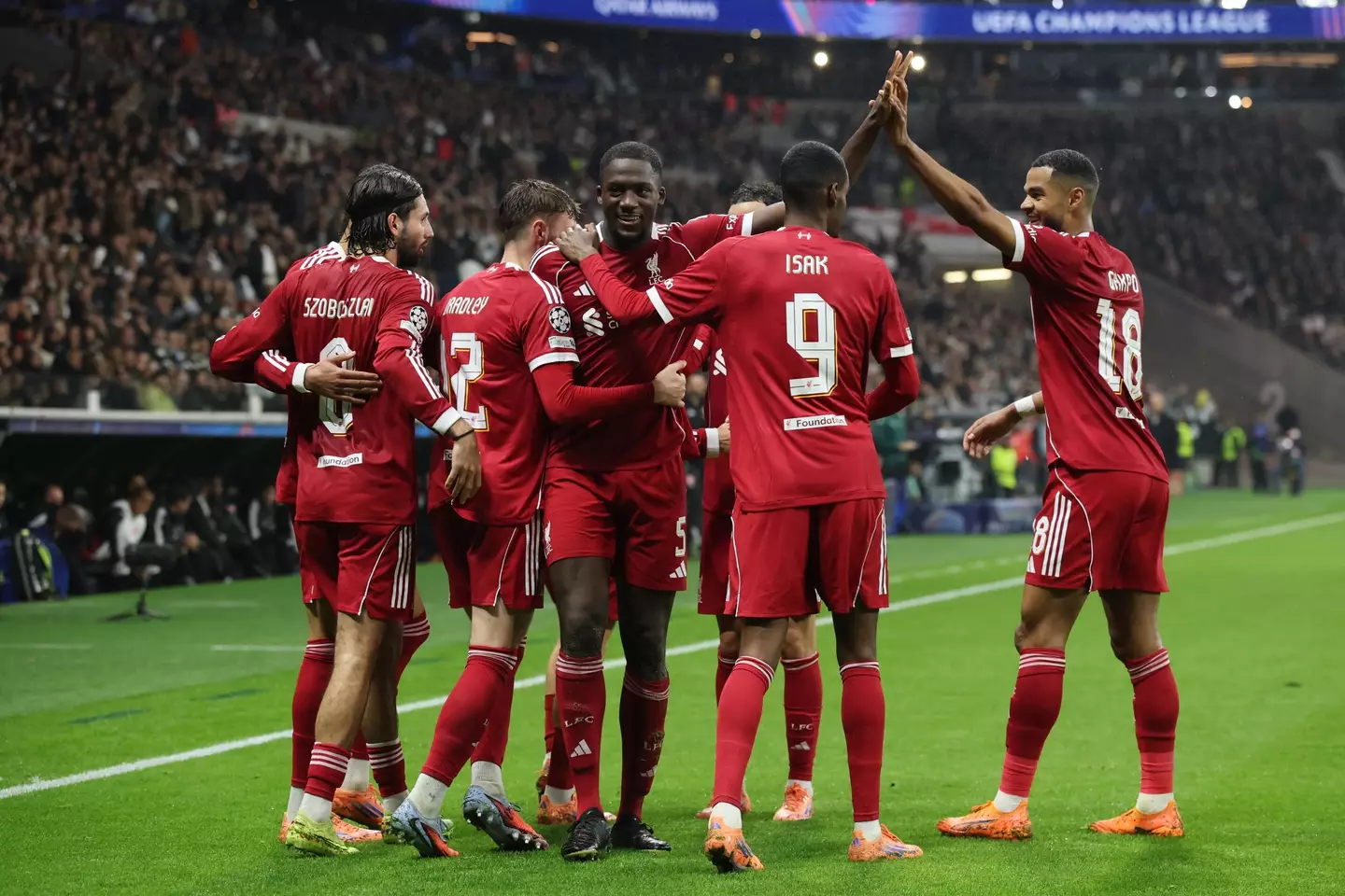 Liverpool celebrate Ibrahima Konate's goal. Image: Gey