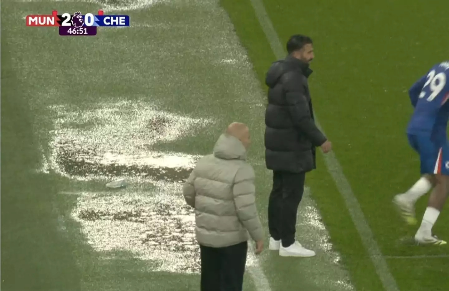 Ruben Amorim was allowed to leave his technical area due to heavy rainfall at Old Trafford. Image: Getty
