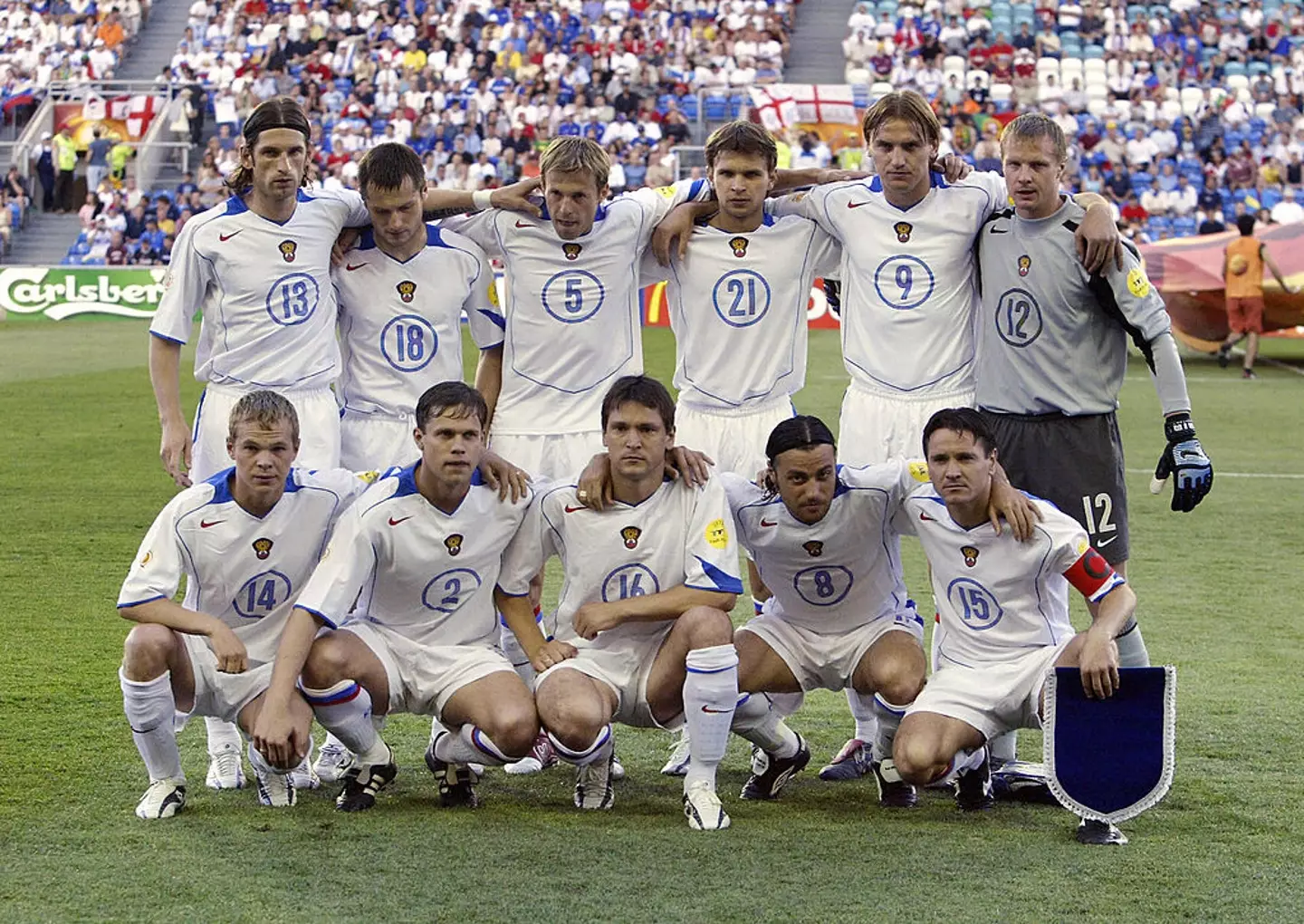 Aleksei Bugayev (wearing number 21) lines up for Russia at Euro 2024 (Image: Getty)