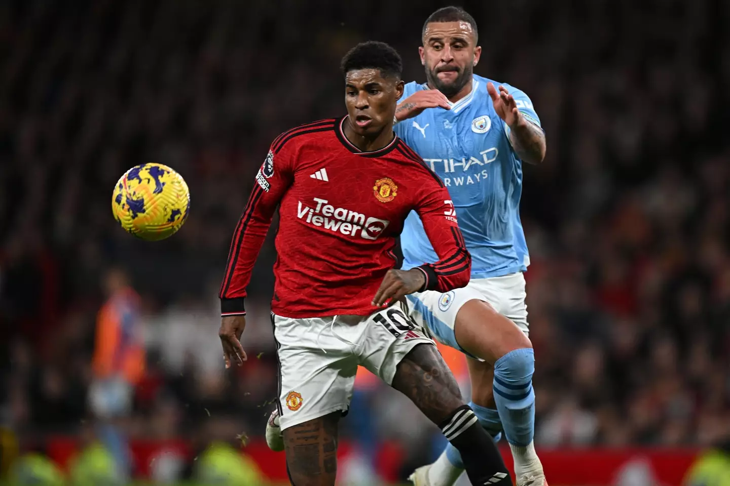 Marcus Rashford in action against Manchester City. Image: Getty
