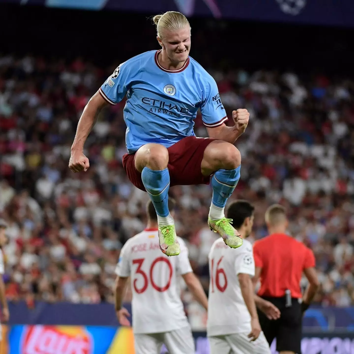 Erling Haaland celebrates after scoring his second against Sevilla (Alamy)