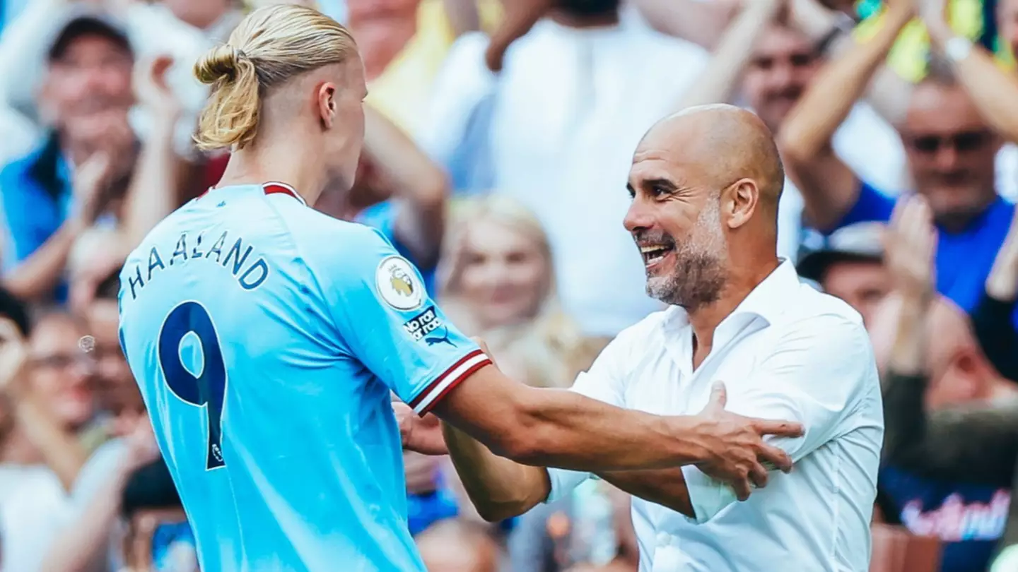 Manchester City manager Pep Guardiola with Erling Haaland