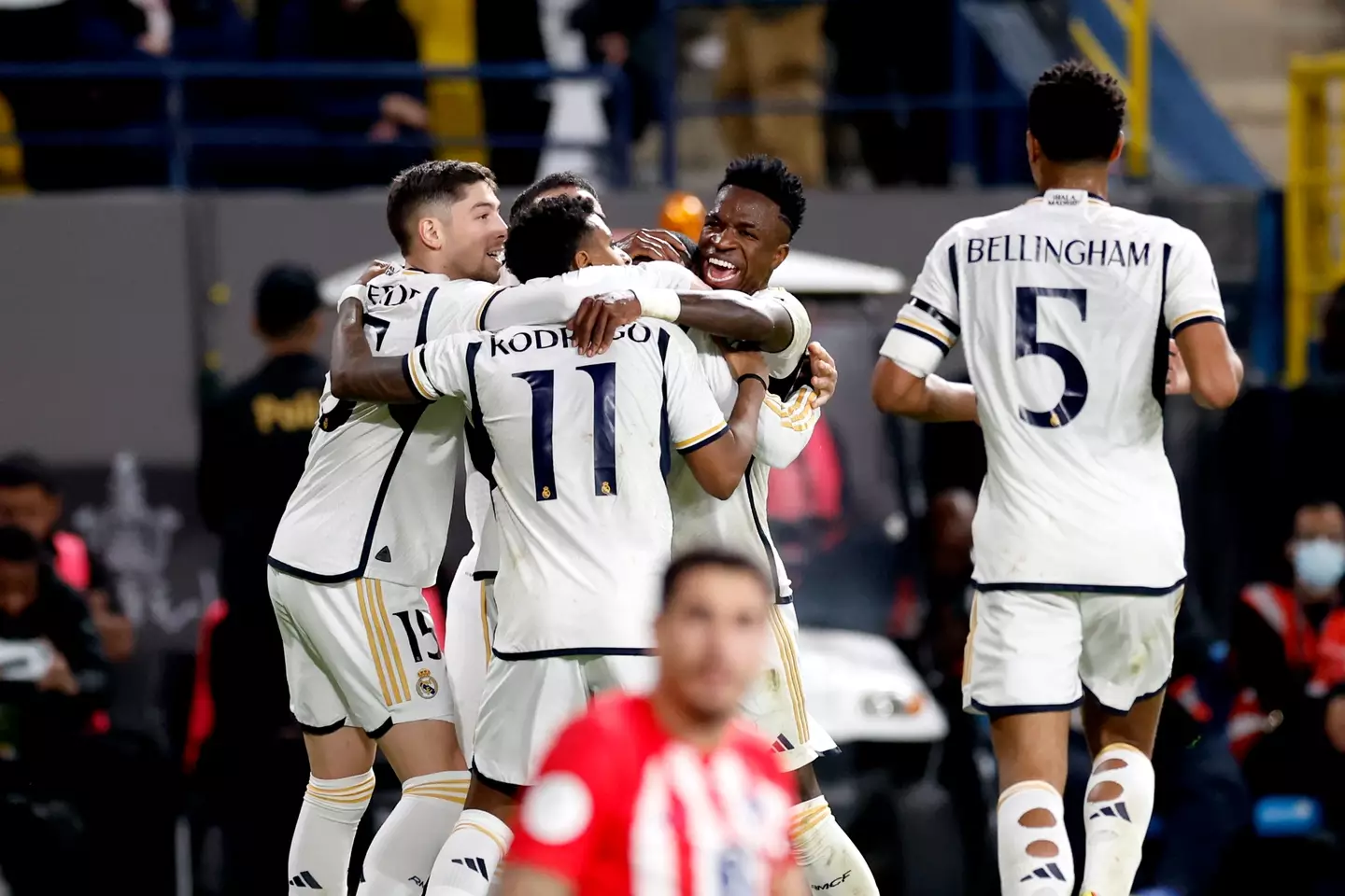 Real Madrid celebrate scoring a goal against Atletico Madrid. Image: Getty