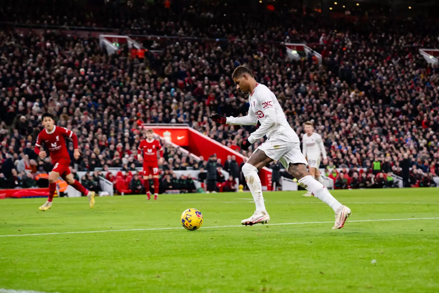 Marcus Rashford in action for Manchester United against Liverpool at Anfield. Image: Getty