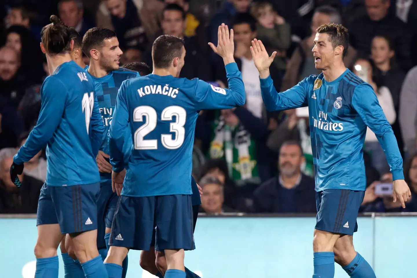 Cristiano Ronaldo and Mateo Kovacic celebrate a Real Madrid goal. Image: Getty