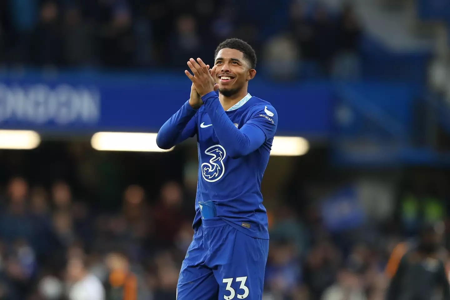Wesley Fofana applauds the Chelsea fans after the win over Leeds United. Image: Alamy