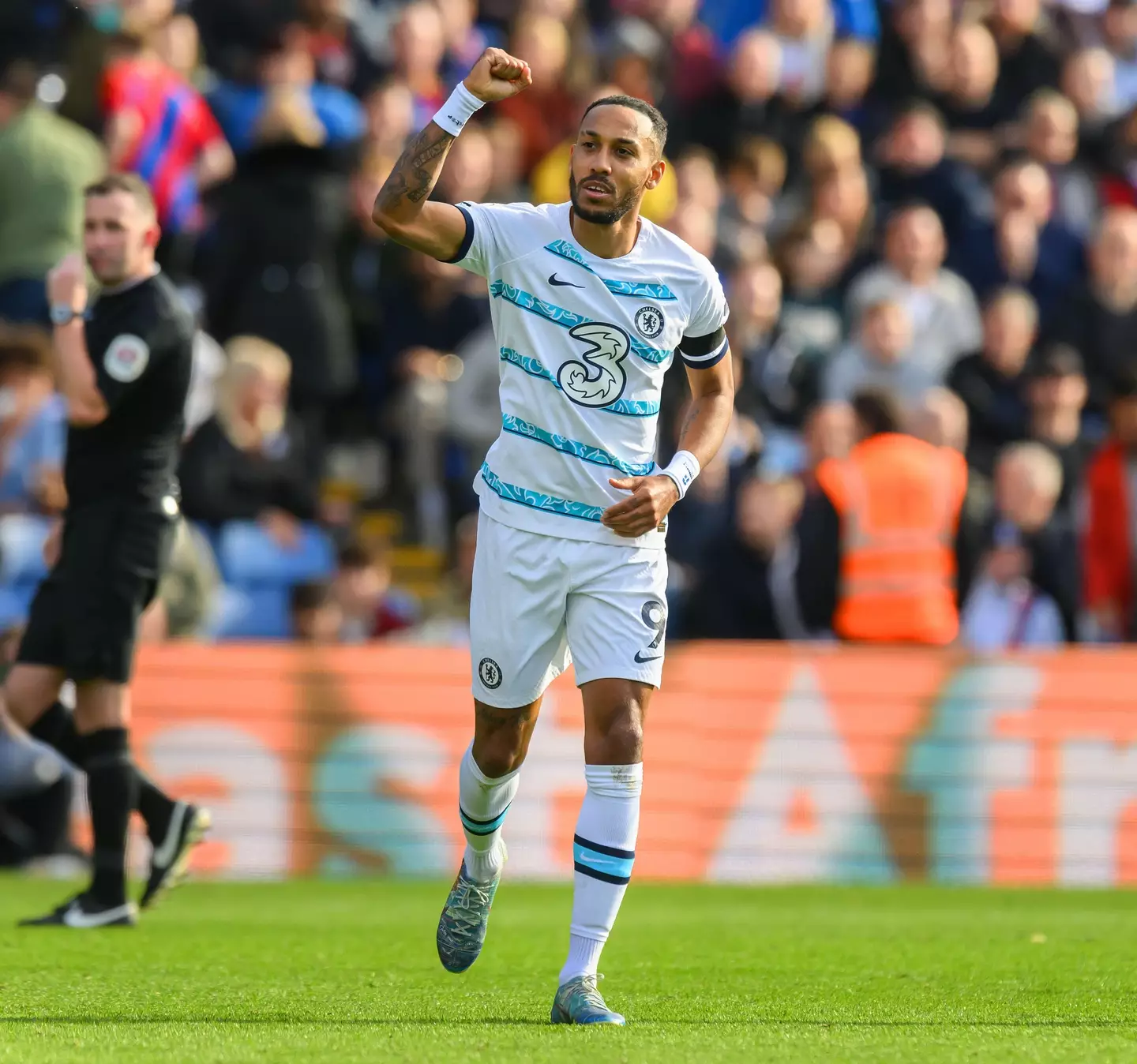 Chelsea's Pierre-Emerick Aubameyang celebrates scoring his goal during the Premier League match against Crystal Palace. (alamy)