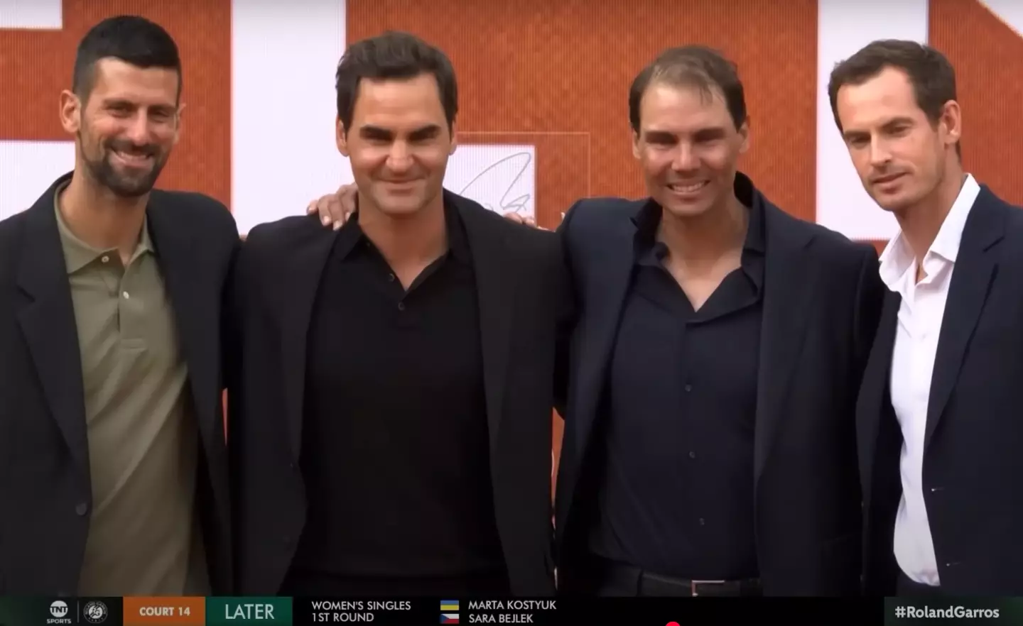 Roger Federer, Novak Djokovic and Andy Murray pictured at Rafael Nadal (second left)'s farewell at Roland-Garros (Image: YouTube/ATP)