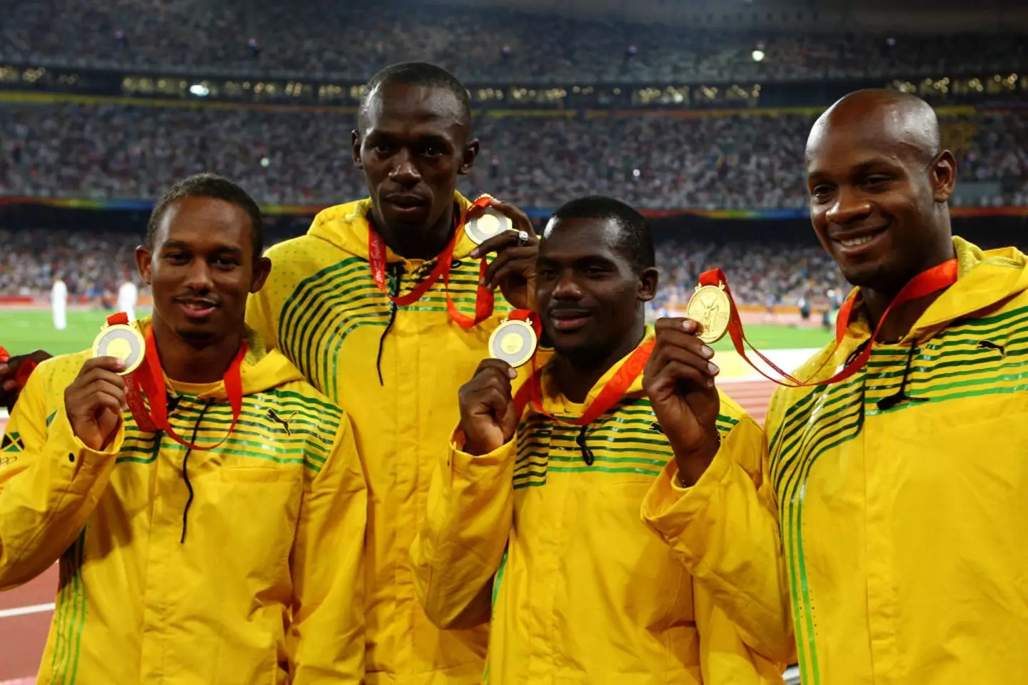 Michael Frater, Usain Bolt, Nesta Carter and Asafa Powell in 2008 (Credit:Getty)
