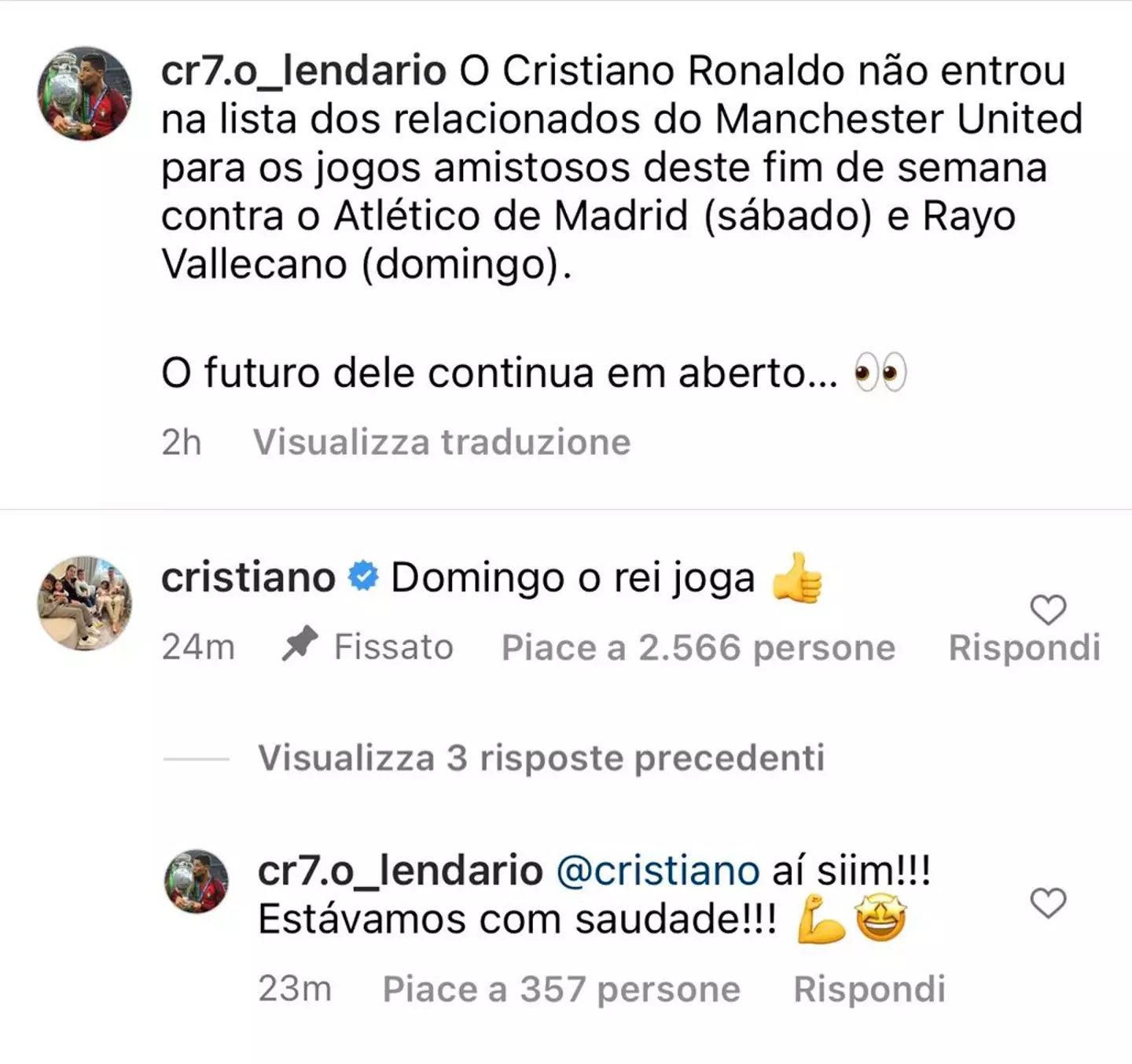 Ronaldo has suggested he will play for United on Sunday (Image: Instagram)