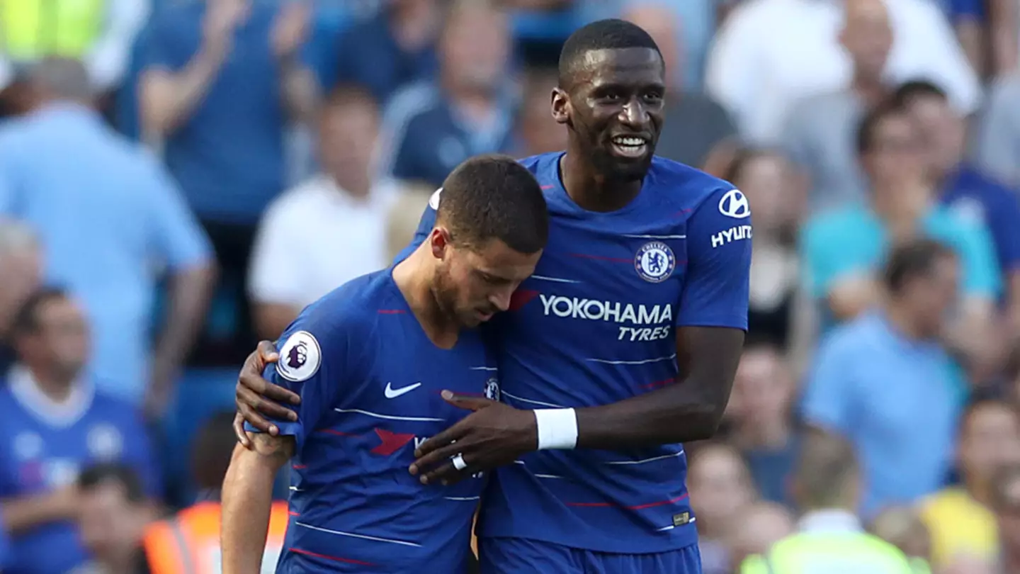 Chelsea's Eden Hazard (left) after scoring his side's second goal with Antonio Rudiger during the Premier League match at Stamford Bridge, London. (Alamy)