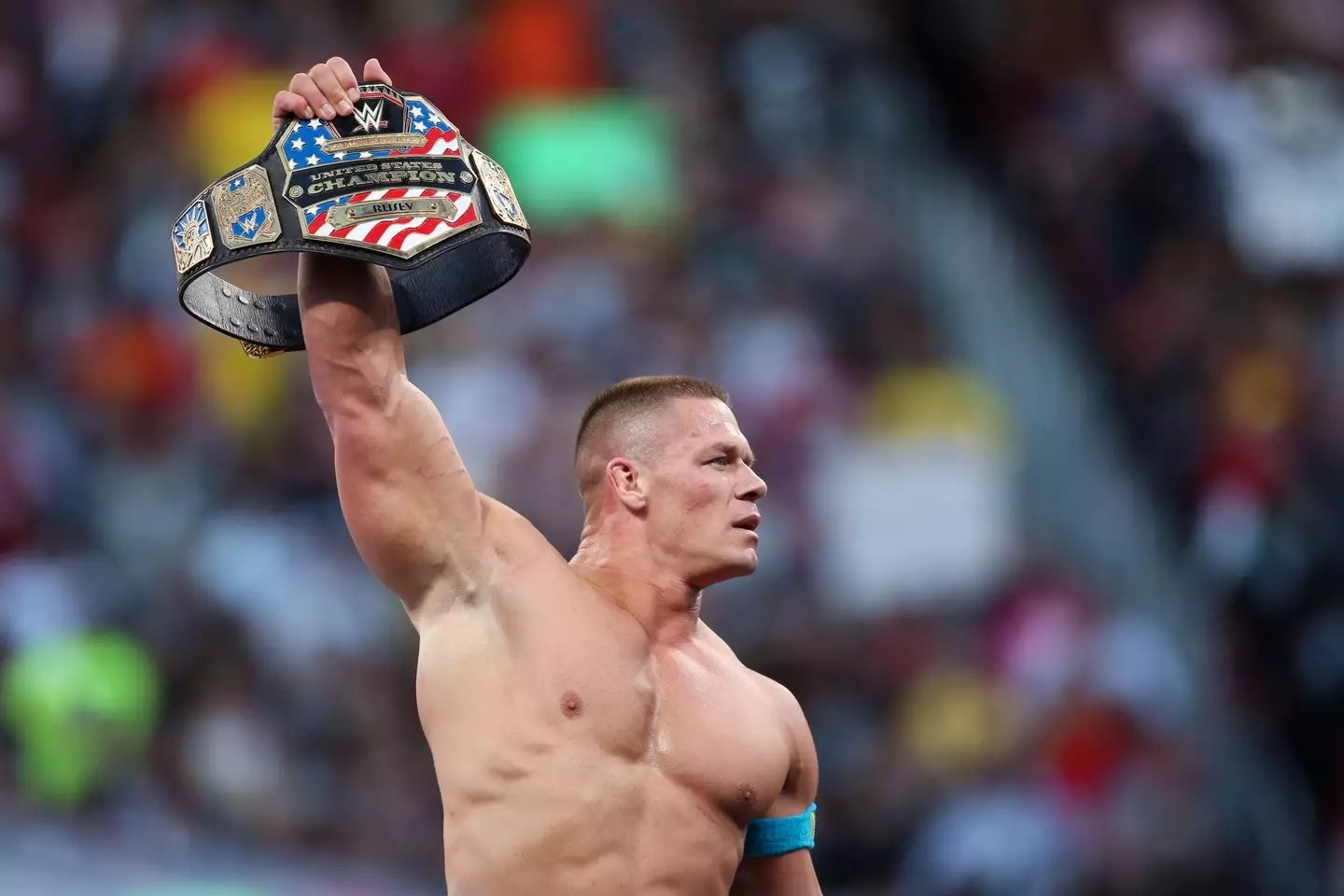 Cena with the US title after WrestleMania 31. Image: Alamy