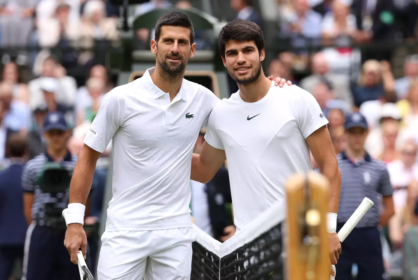 Novak Djokovic and Carlos Alcaraz pose for a photo ahead of their match. Image: Getty